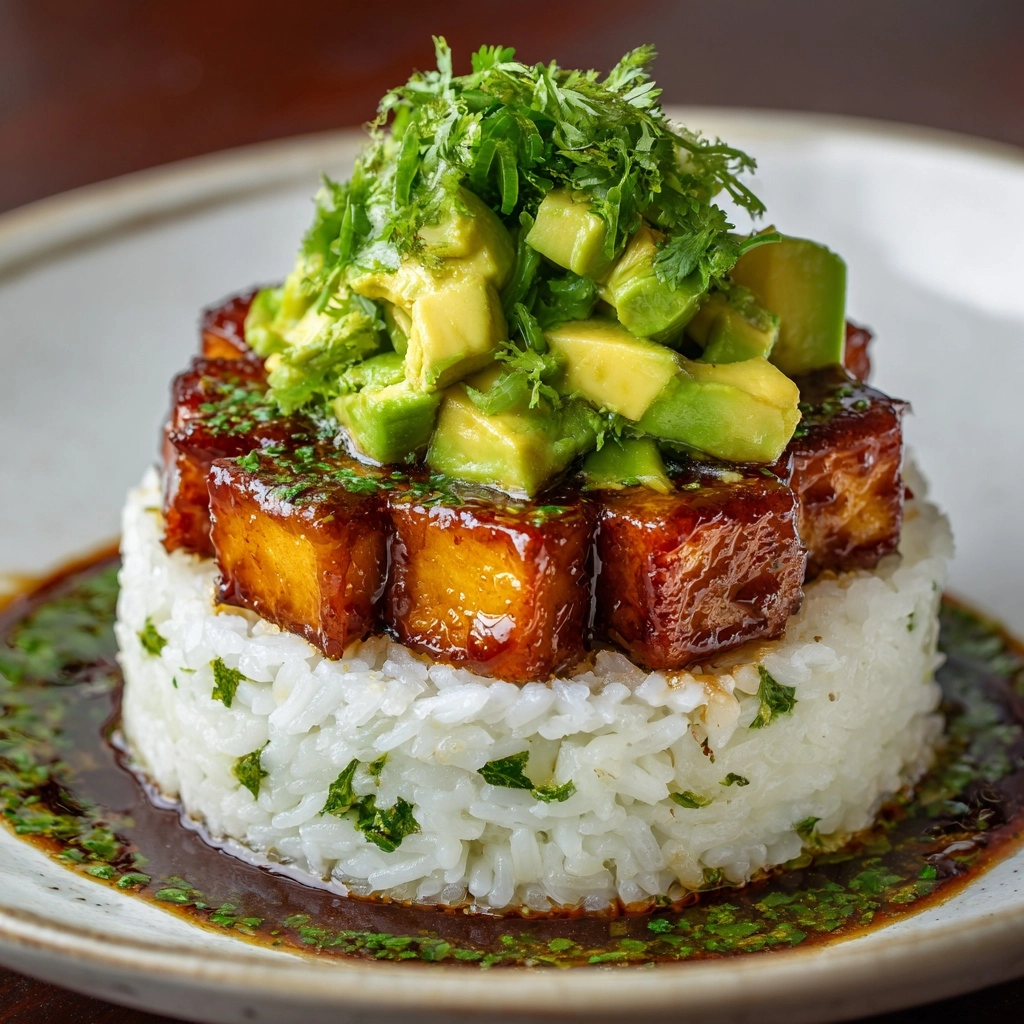 Crispy Teriyaki Tofu and Avocado Rice Stack Recipe - Recipe Image