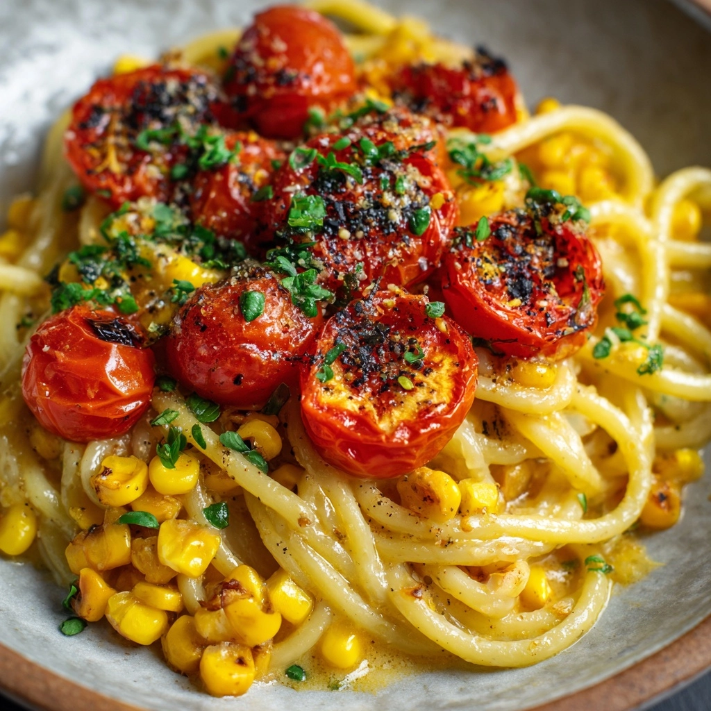 Pasta with Cherry Tomatoes, Roasted Red Peppers, and Corn Recipe - Recipe Image