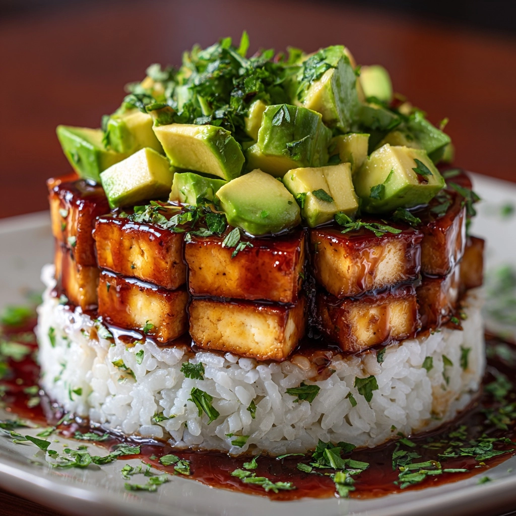 Crispy Teriyaki Tofu and Avocado Rice Stack Recipe - Recipe Image