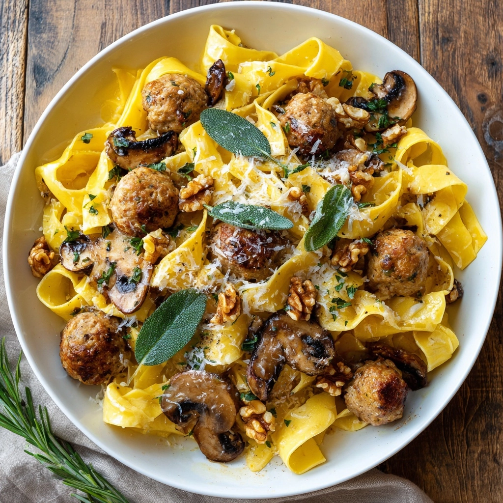 Winter Pasta with Mushrooms, Sausage Meatballs, Walnuts & Crispy Sage Recipe - Recipe Image