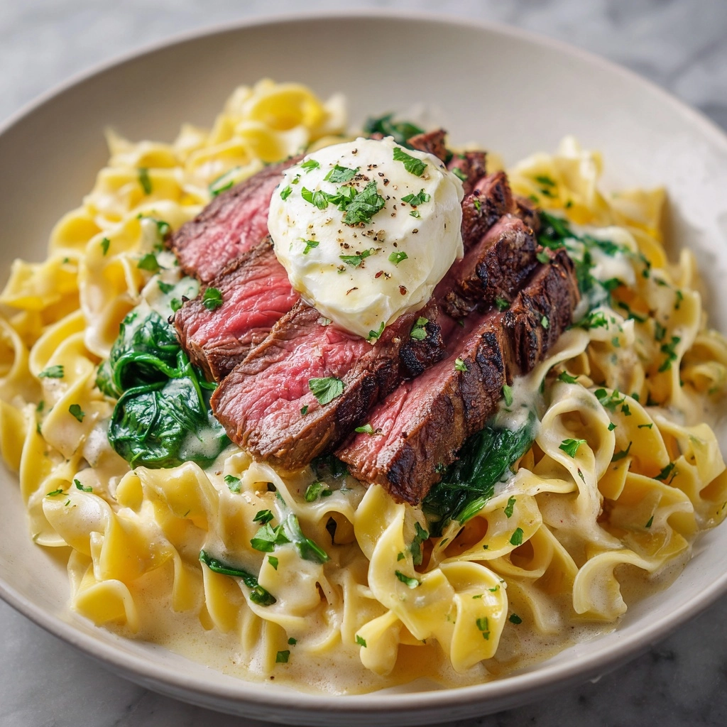 Garlic Butter Steak with Egg Noodles and Spinach Salad Recipe - Recipe Image
