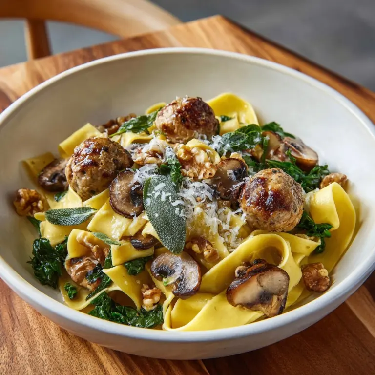 Winter Pasta with Mushrooms, Sausage Meatballs, Walnuts & Crispy Sage Recipe