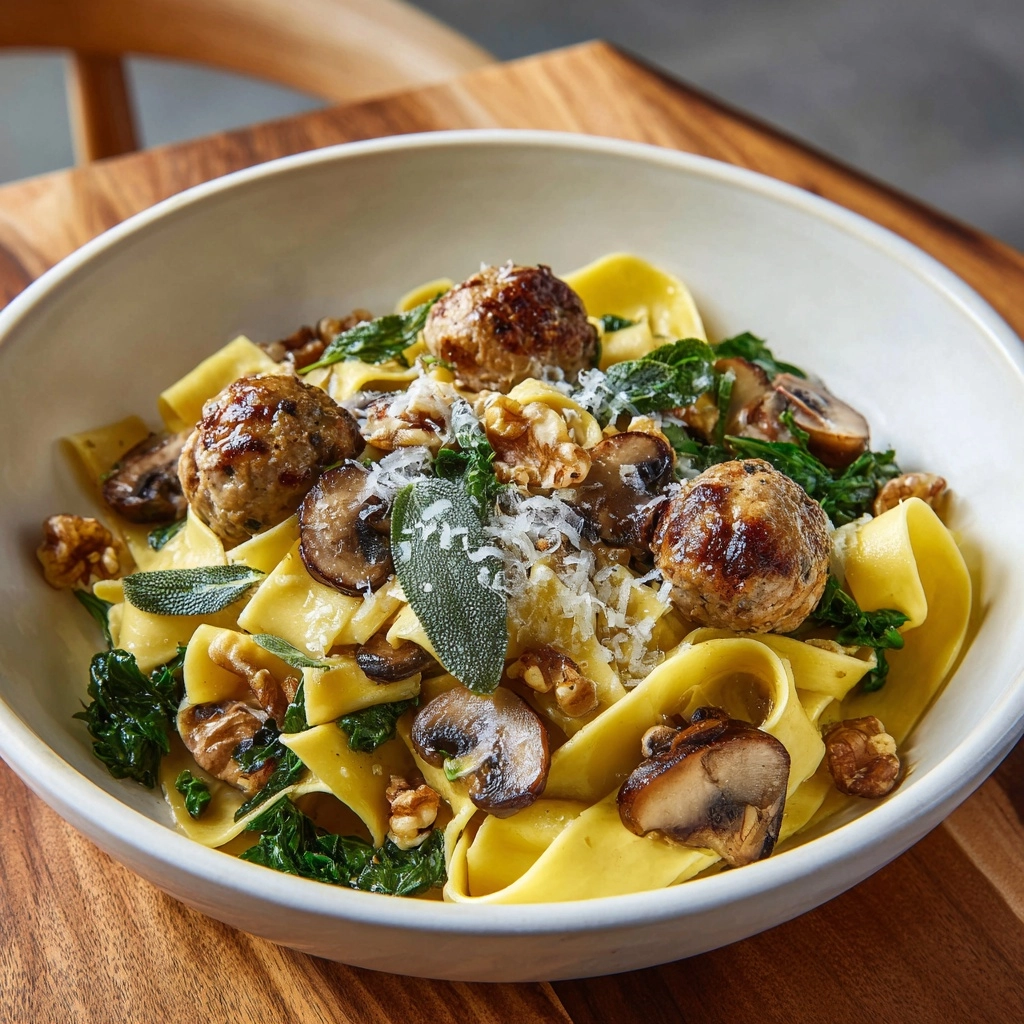 Winter Pasta with Mushrooms, Sausage Meatballs, Walnuts & Crispy Sage Recipe - Recipe Image