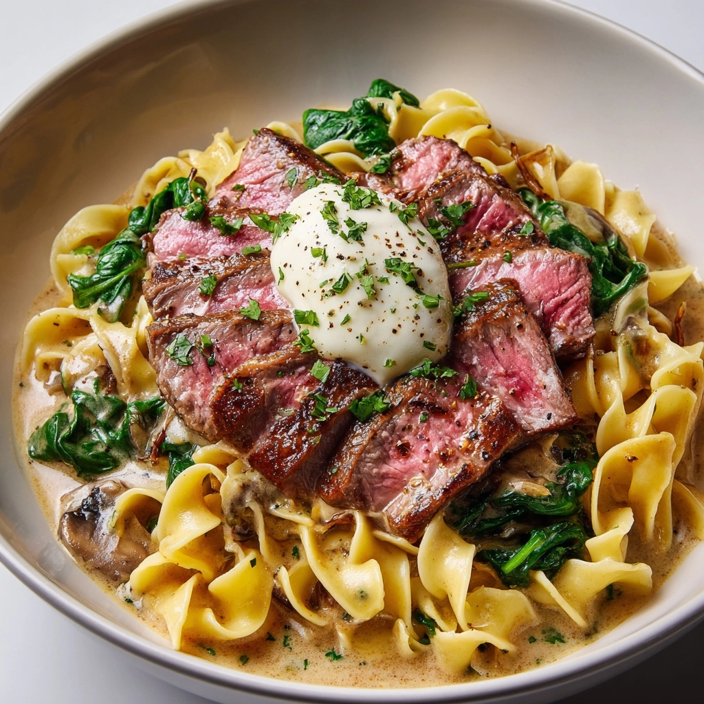Garlic Butter Steak with Egg Noodles and Spinach Salad Recipe - Recipe Image