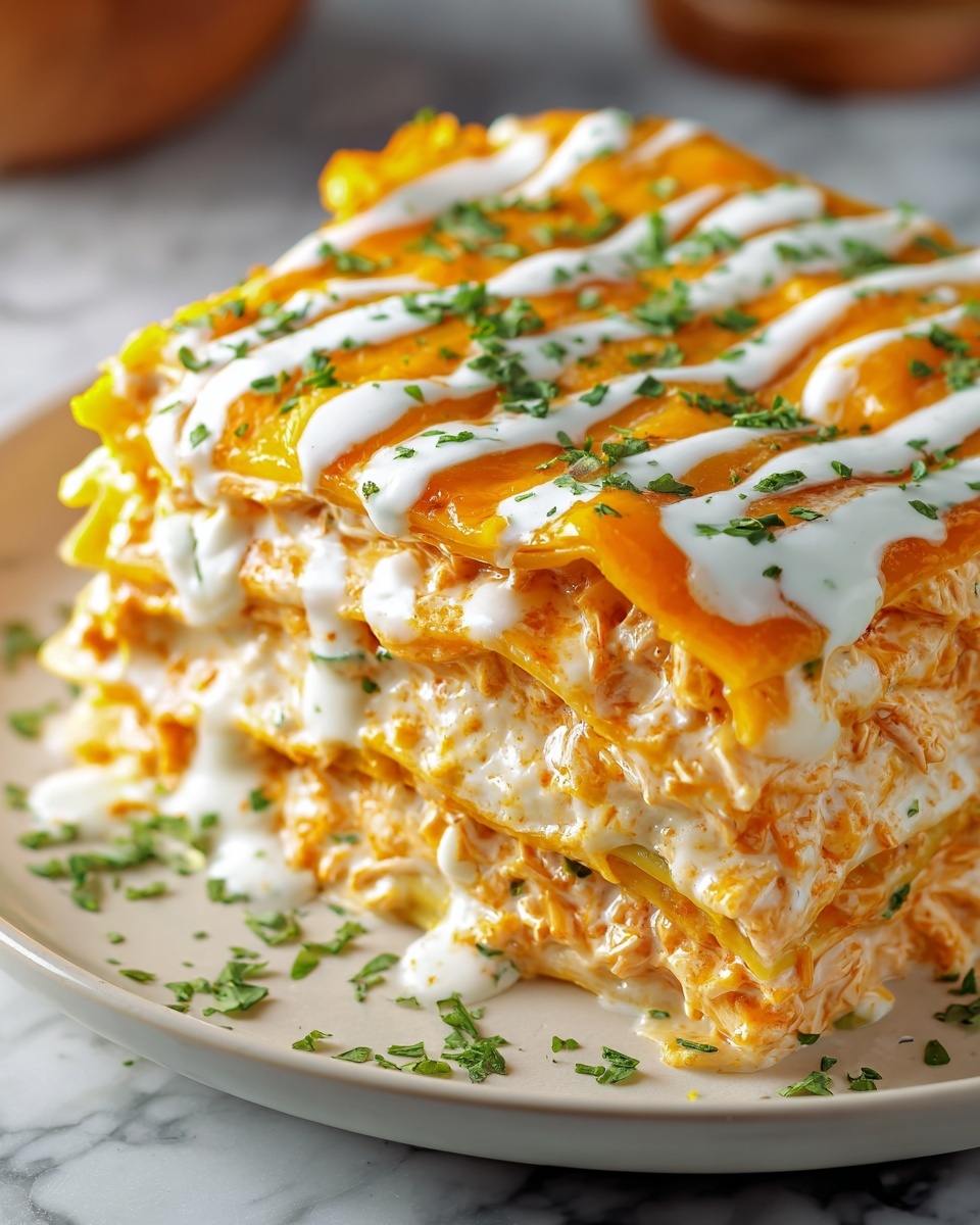 Cheesy Buffalo Chicken Lasagna with Ranch Drizzle Recipe - Recipe Image