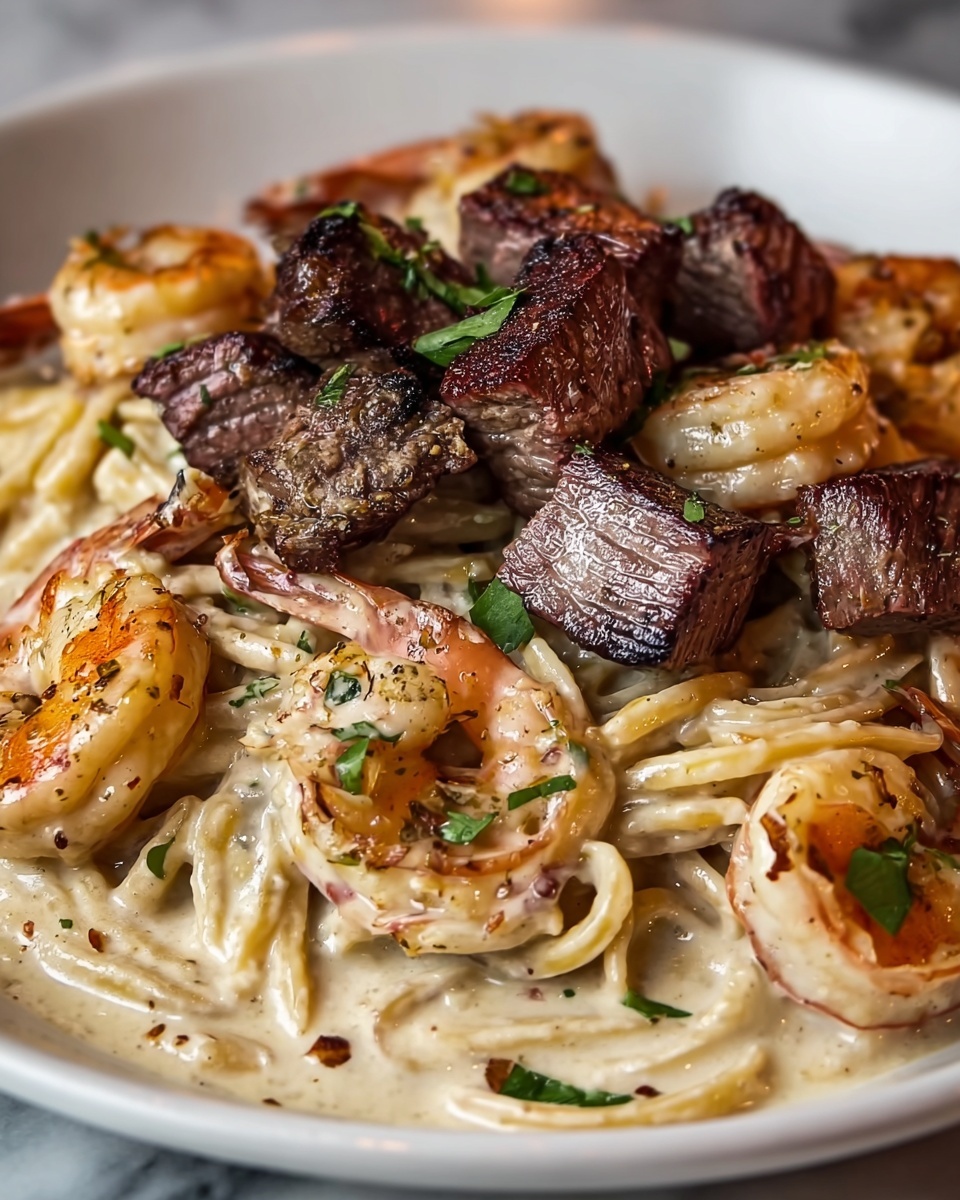 Cajun Shrimp and Steak Alfredo Pasta Recipe - Recipe Image