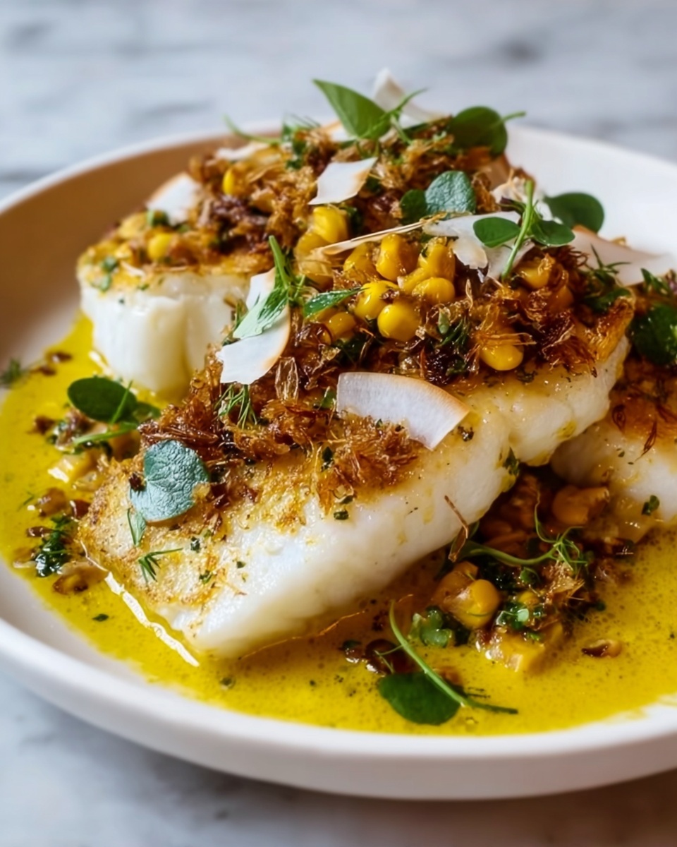 Herb-Crusted Sea Bass with Toasted Coconut and Tomato Dressing Recipe - Recipe Image