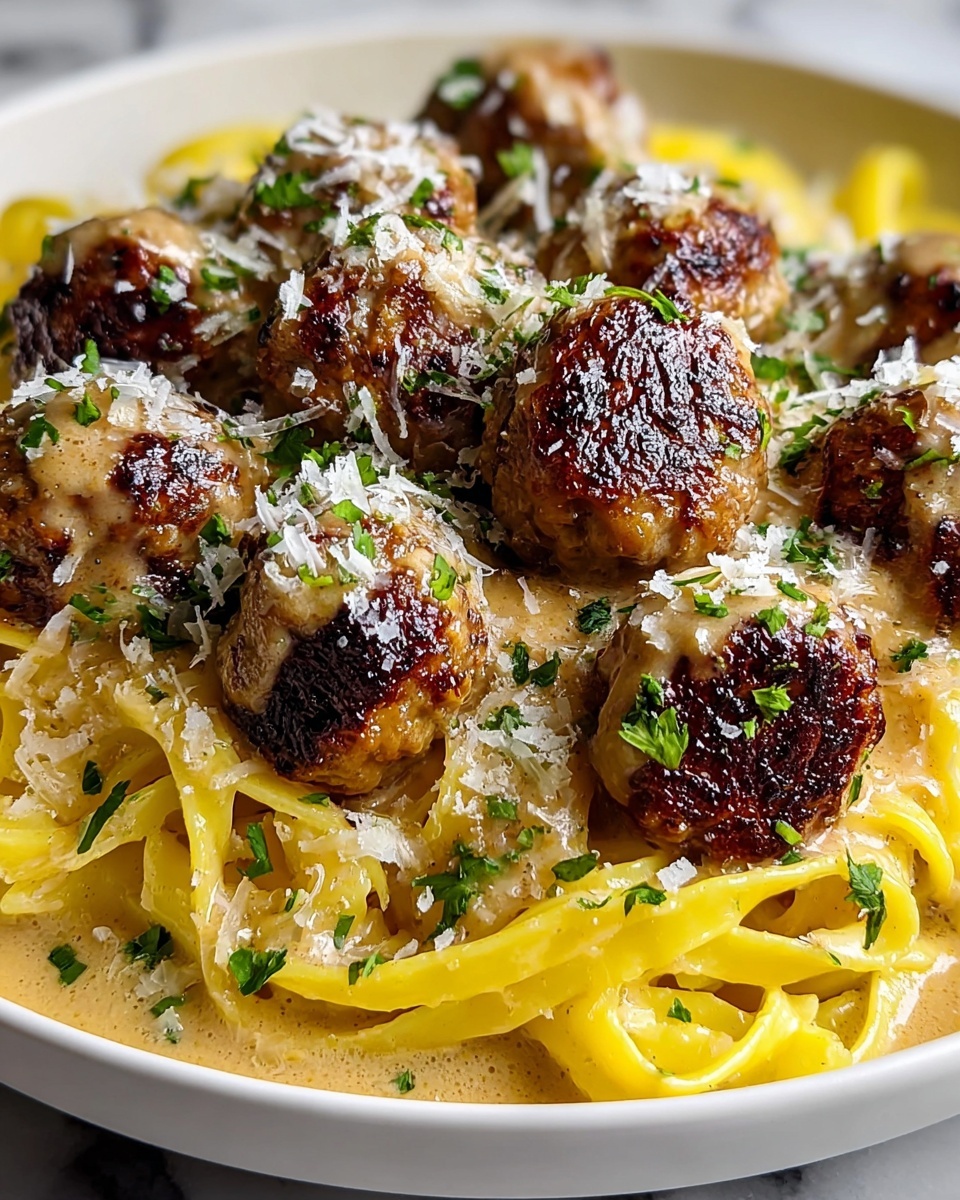 Easy Garlic Butter Meatballs Served Over Creamy Parmesan Linguine Recipe - Recipe Image