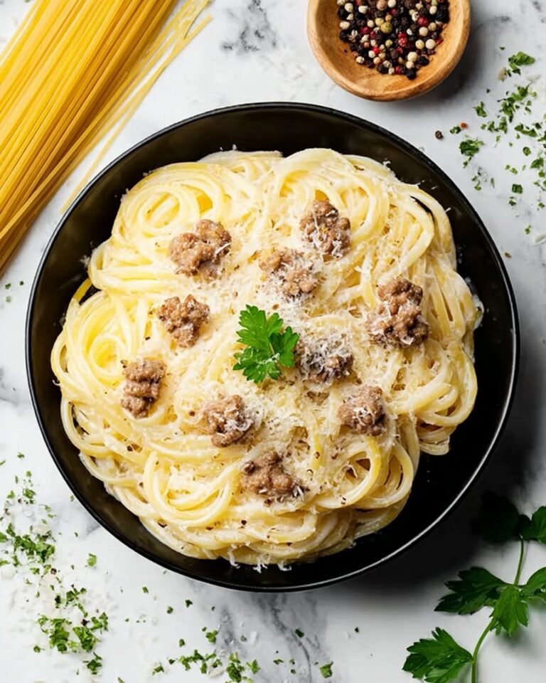 Cheesy Garlic Butter Linguine Pasta with Savory Ground Beef Recipe