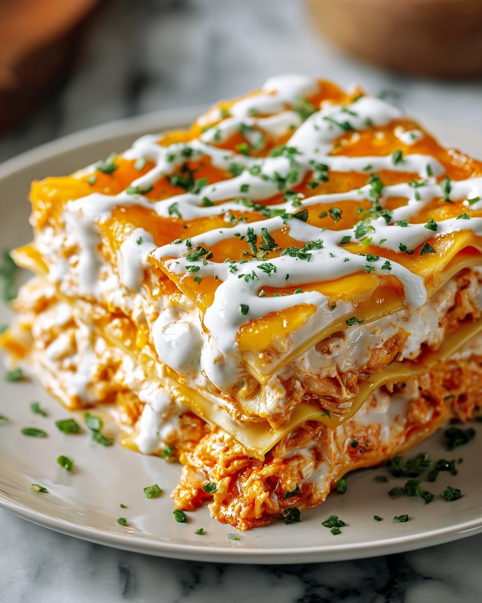 Cheesy Buffalo Chicken Lasagna with Ranch Drizzle Recipe - Recipe Image