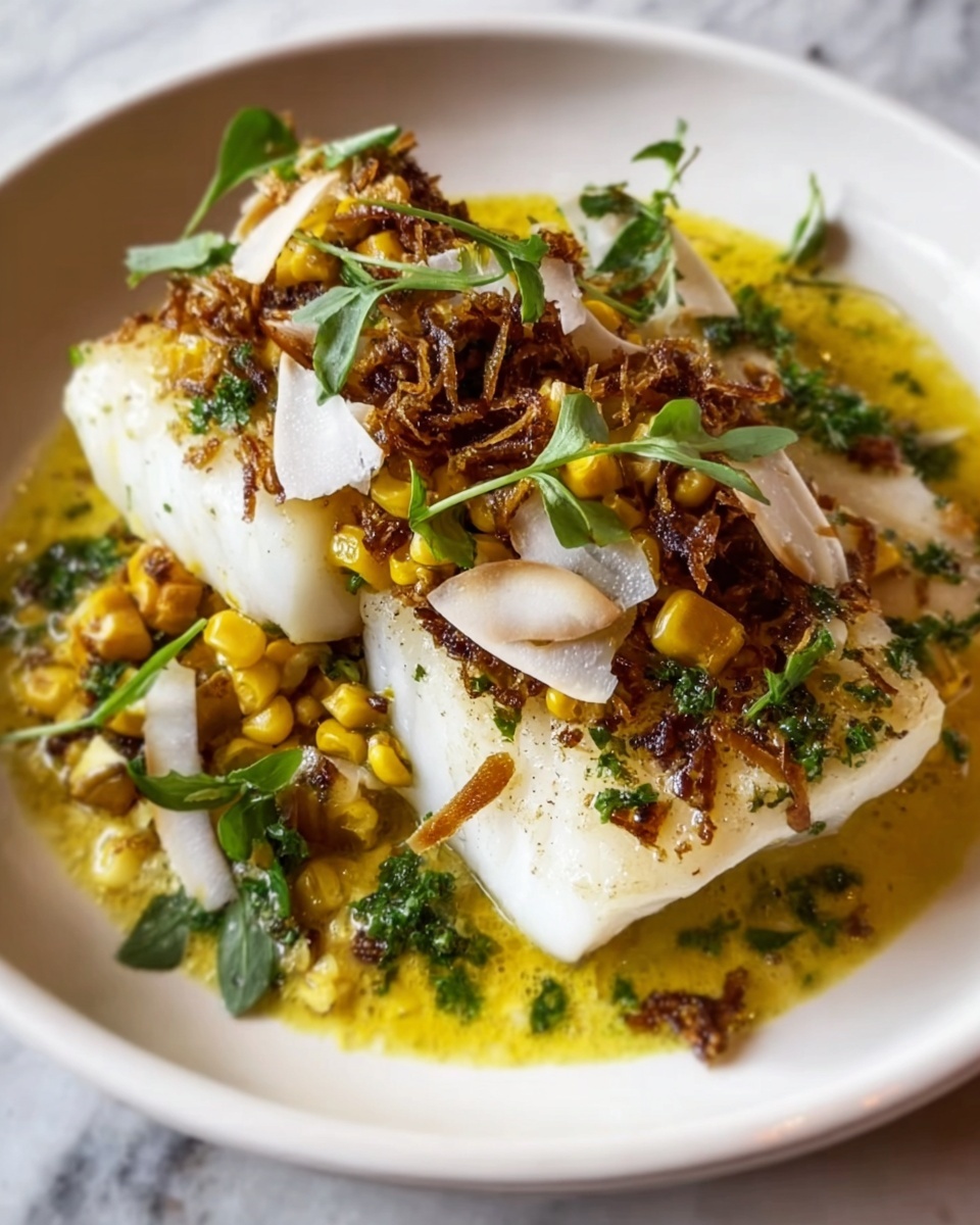 Herb-Crusted Sea Bass with Toasted Coconut and Tomato Dressing Recipe - Recipe Image
