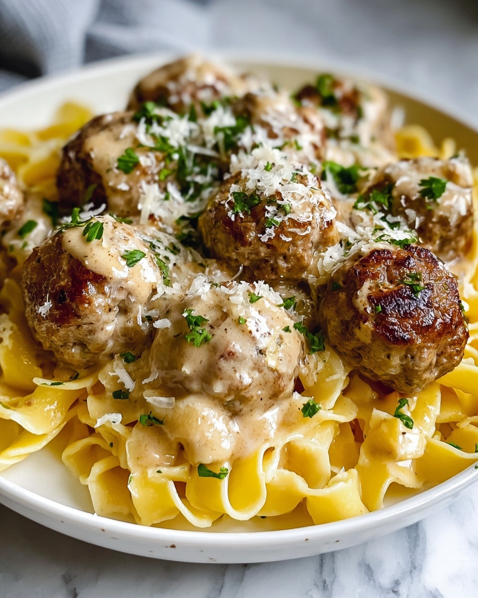 Easy Garlic Butter Meatballs Served Over Creamy Parmesan Linguine Recipe - Recipe Image