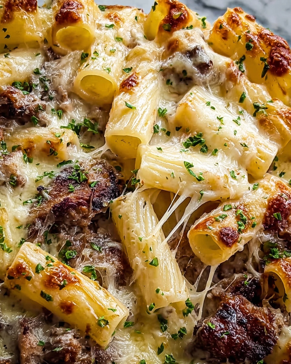 Creamy Cheesy Garlic Butter Rigatoni with Savory Beef Recipe - Recipe Image