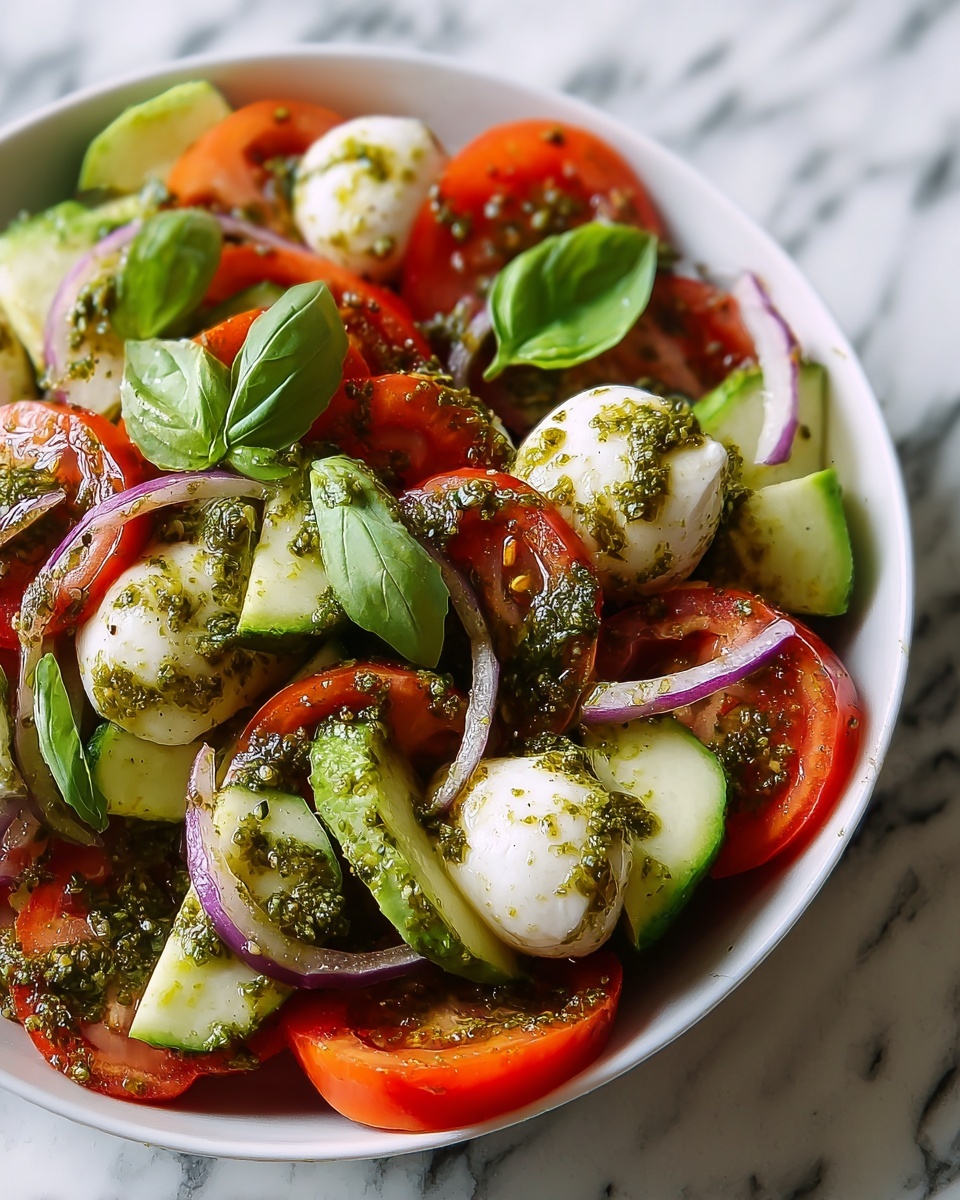 Tomato Cucumber Avocado Salad with Mozzarella & Basil Pesto Recipe - Recipe Image