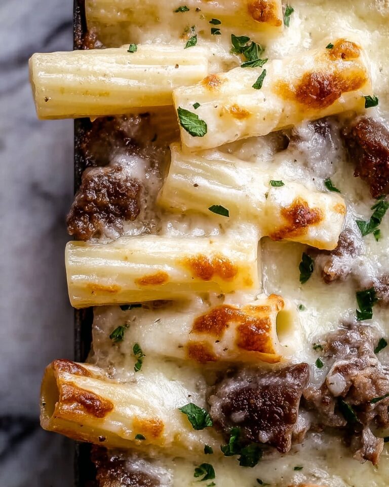 Creamy Cheesy Garlic Butter Rigatoni with Savory Beef Recipe
