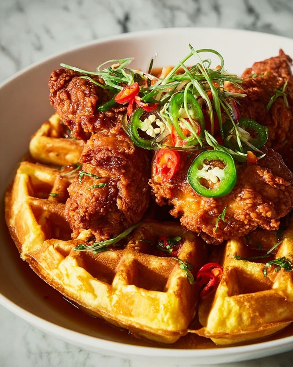 Homemade Fried Chicken ‘n’ Waffles with Jalapeno Honey Butter Sauce Recipe - Recipe Image