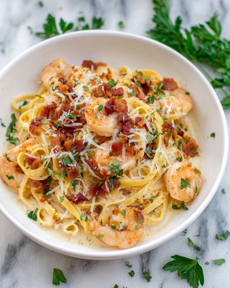 Shrimp and Bacon Pasta with Creamy Parmesan Sauce Recipe - Recipe Image