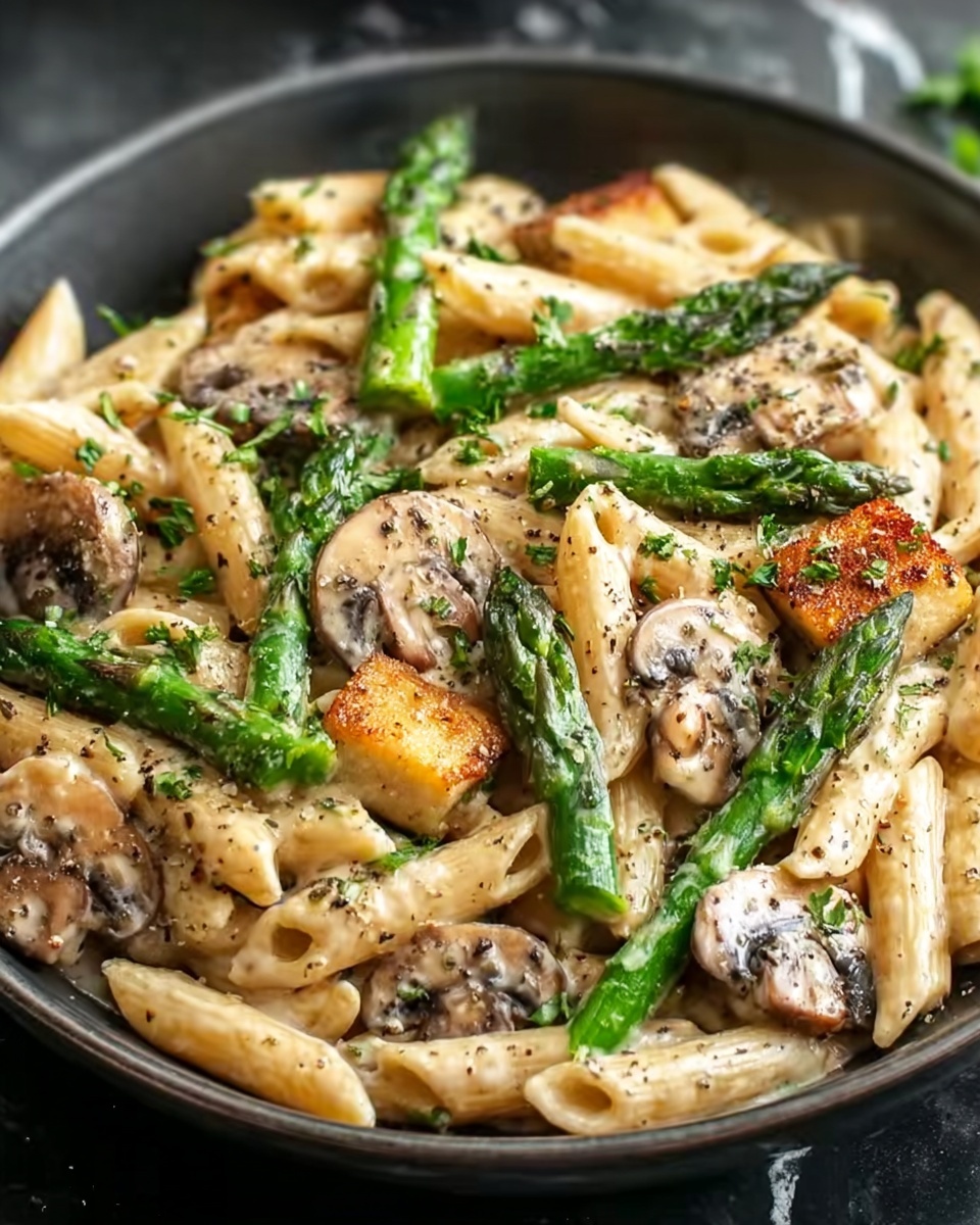 Garlic Chicken Mushroom Asparagus Penne Recipe - Recipe Image