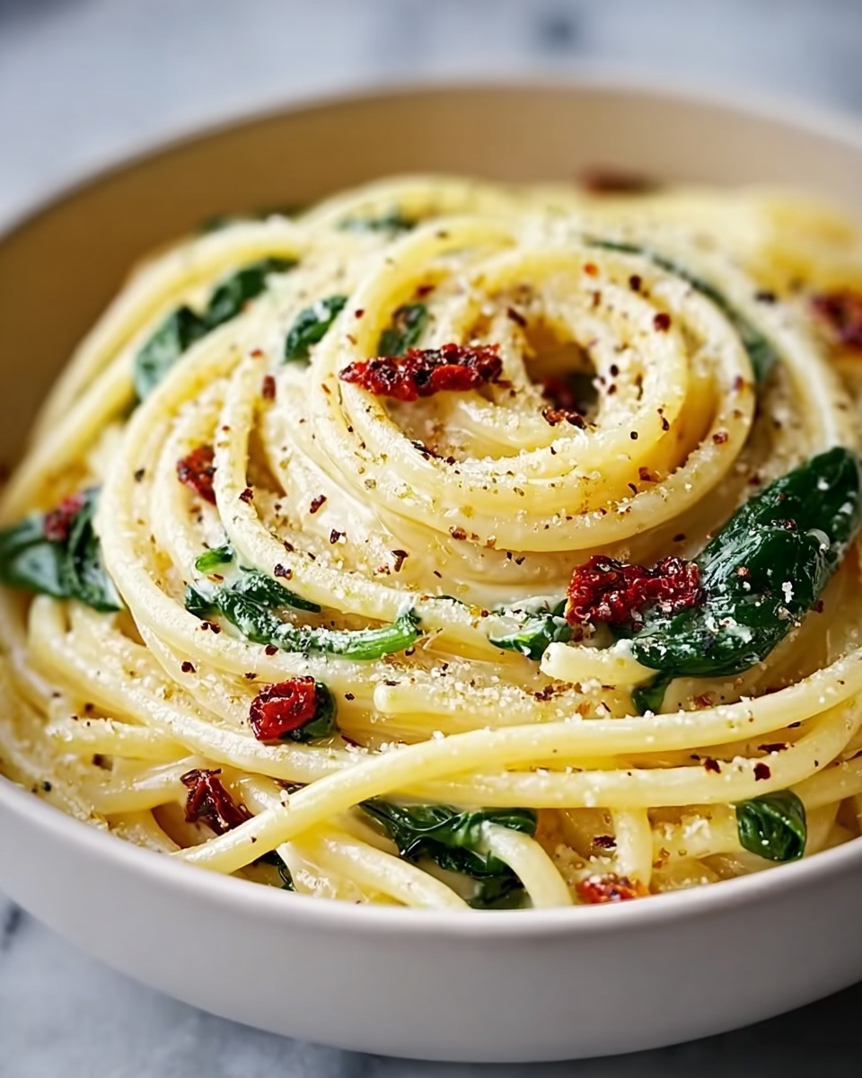Spaghetti with Spinach & Sun-Dried Tomato Cream Sauce Recipe - Recipe Image