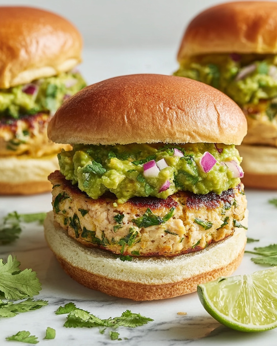 Savory Cheddar Jalapeno Chicken Burgers with Fresh Guacamole Recipe - Recipe Image