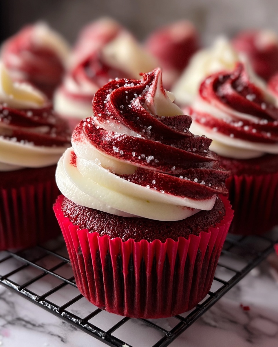 Red Velvet Marble Cupcakes with Cream Cheese Frosting and Raspberry Drizzle Recipe - Recipe Image