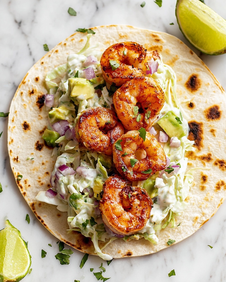 Shrimp Tacos with Spicy Cabbage Slaw and Avocado Recipe - Recipe Image