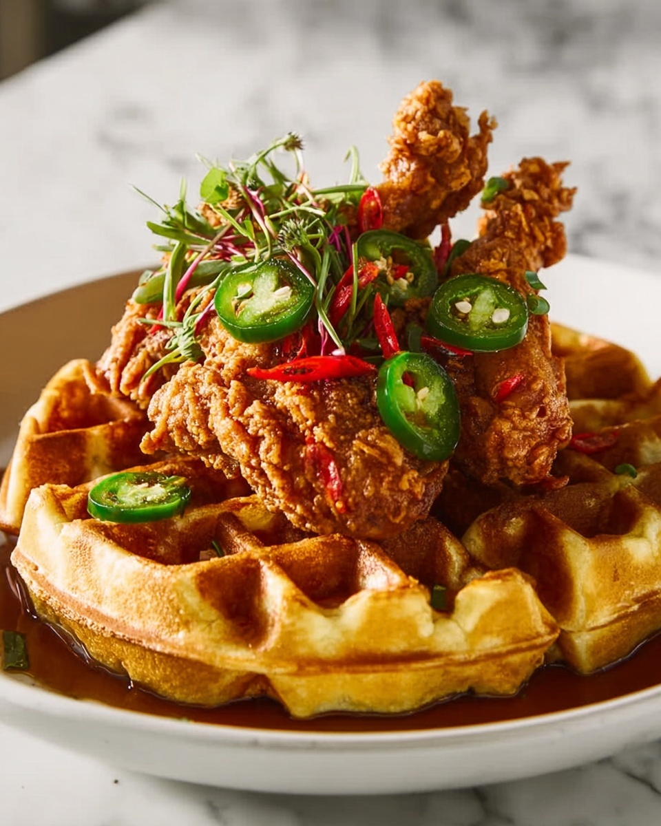Homemade Fried Chicken ‘n’ Waffles with Jalapeno Honey Butter Sauce Recipe - Recipe Image