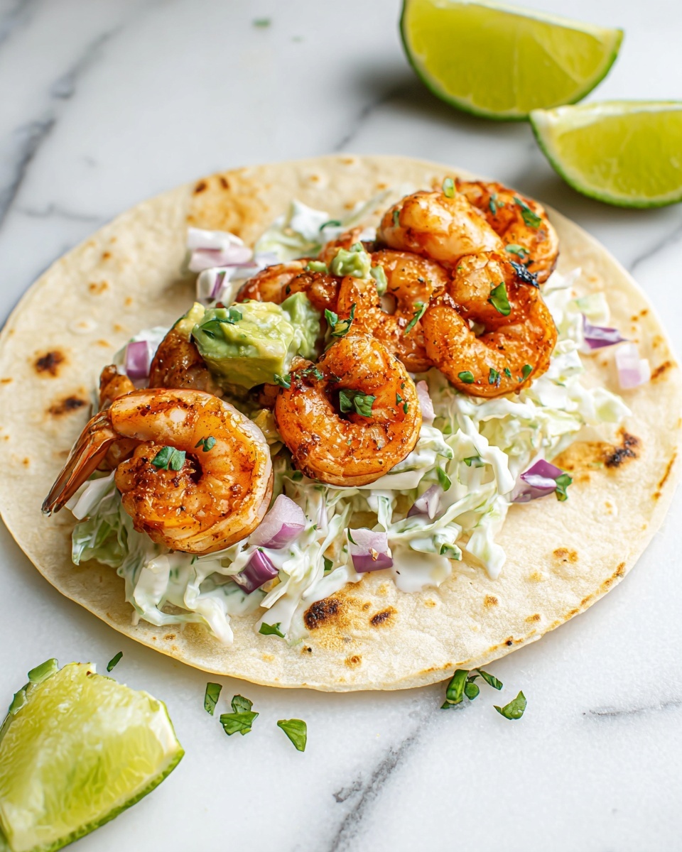 Shrimp Tacos with Spicy Cabbage Slaw and Avocado Recipe - Recipe Image