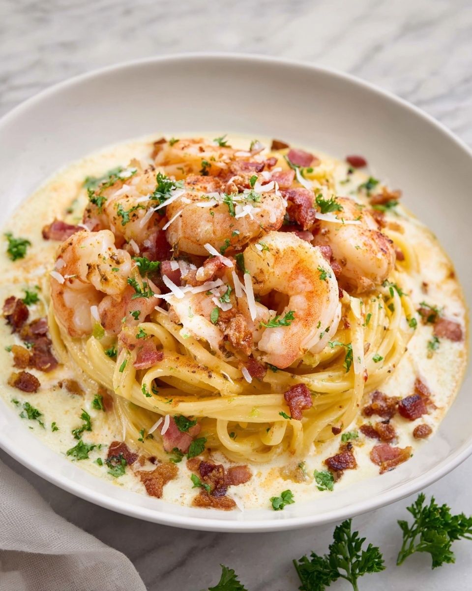 Shrimp and Bacon Pasta with Creamy Parmesan Sauce Recipe - Recipe Image