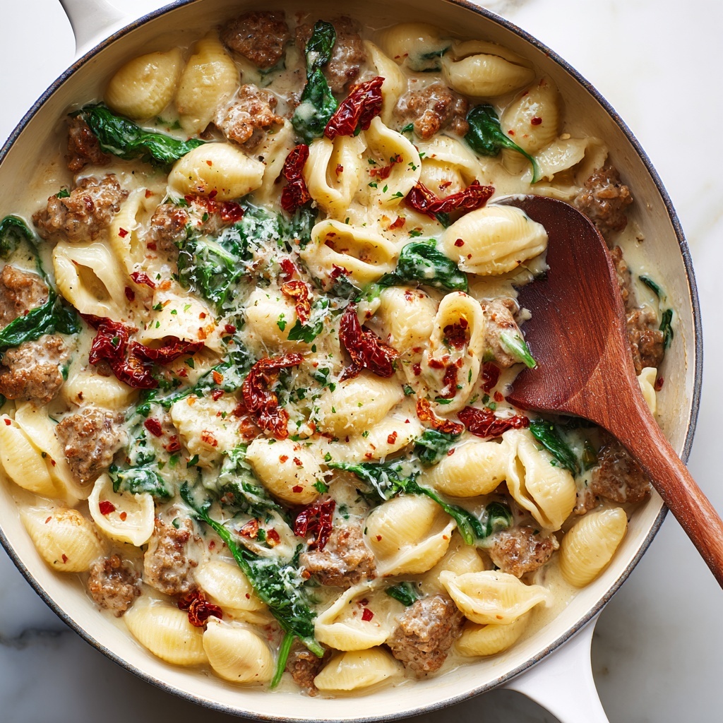 One-Pot Creamy Tuscan Sausage Pasta Recipe - Recipe Image