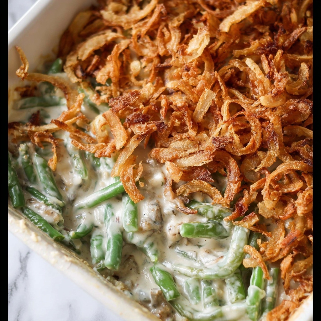 Green Bean Casserole with Crispy Onion Topping and Mushroom Gravy Recipe - Recipe Image