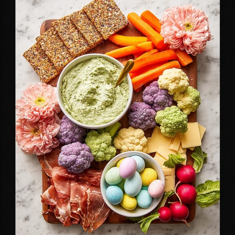 Healthy Easter Snack Platter with Spinach Artichoke Dip, Crackers, Salami, Veggies, and Easter Decorations Recipe