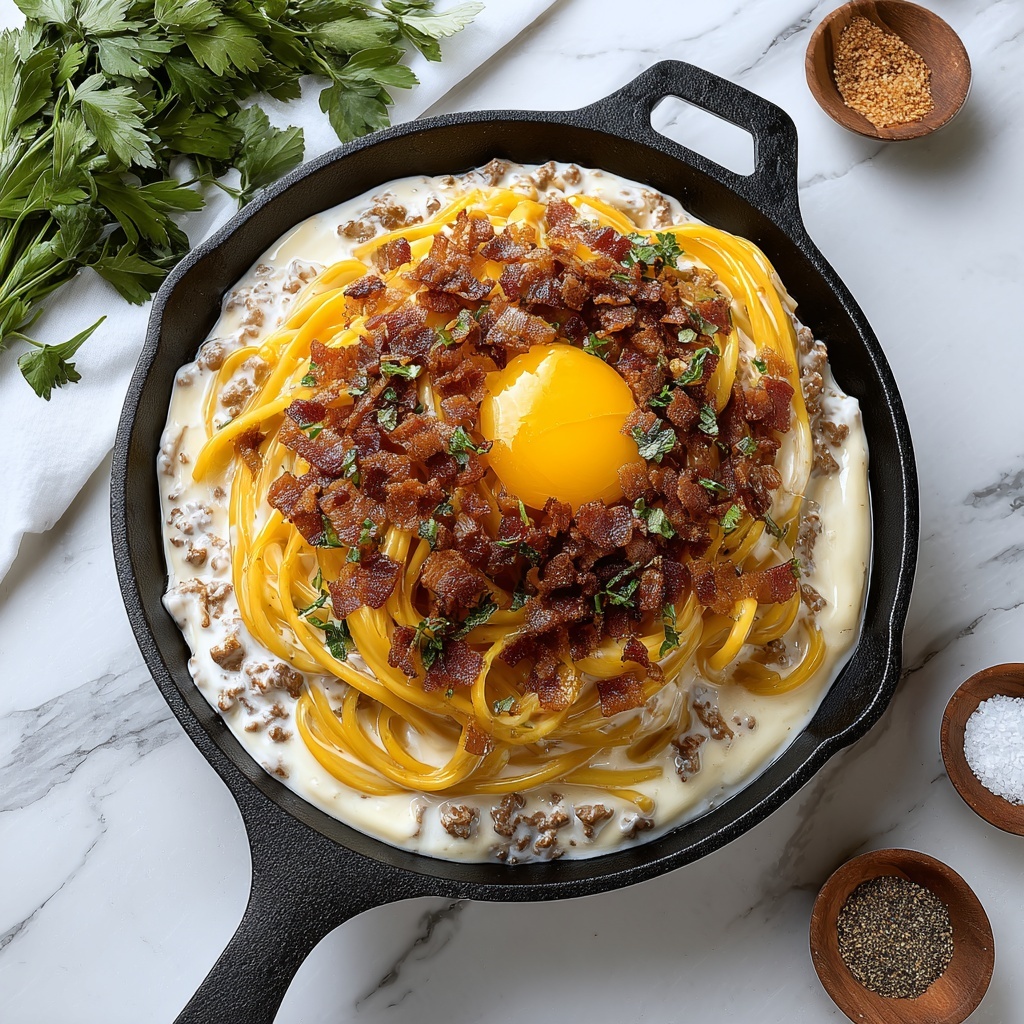 Loaded Bacon Cheeseburger Alfredo Pasta Recipe - Recipe Image