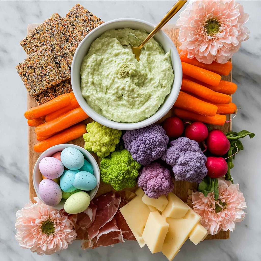 Healthy Easter Snack Platter with Spinach Artichoke Dip, Crackers, Salami, Veggies, and Easter Decorations Recipe - Recipe Image