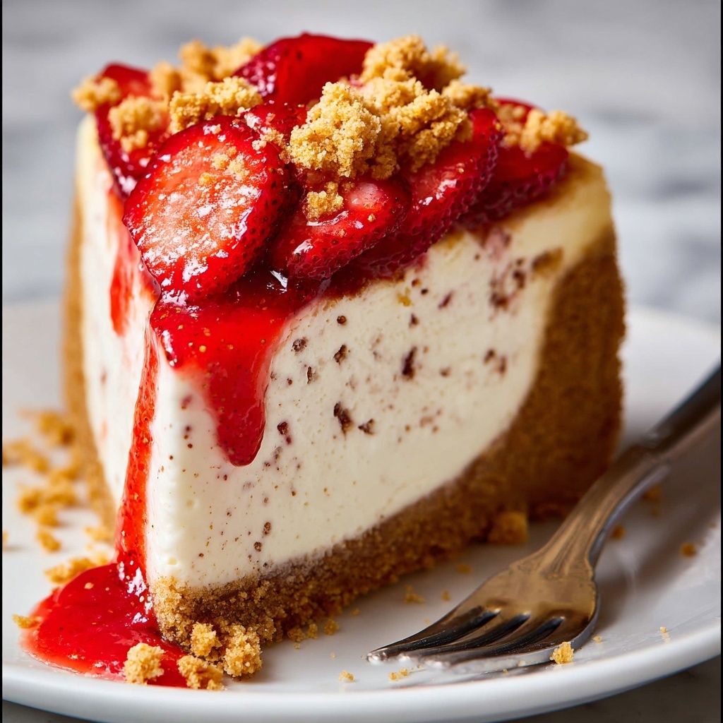 No Bake Cheesecake with Graham Cracker Crust and Fresh Strawberry Topping Recipe - Recipe Image
