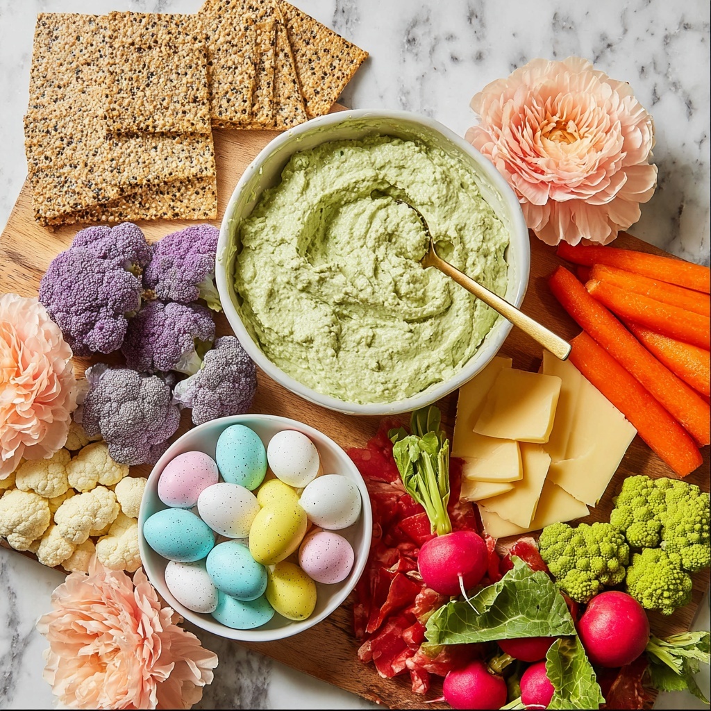 Healthy Easter Snack Platter with Spinach Artichoke Dip, Crackers, Salami, Veggies, and Easter Decorations Recipe - Recipe Image