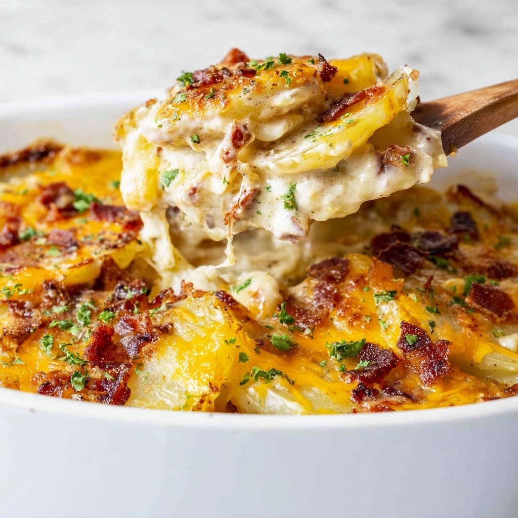 Loaded Scalloped Potatoes with Cheddar, Bacon, and Garlic Recipe - Recipe Image