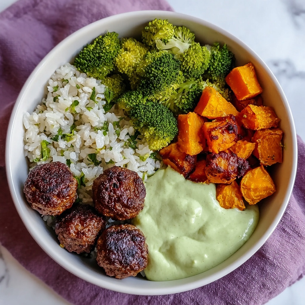Irresistibly Juicy Barbecue Meatball Bowls with Avocado Goddess Sauce Recipe - Recipe Image