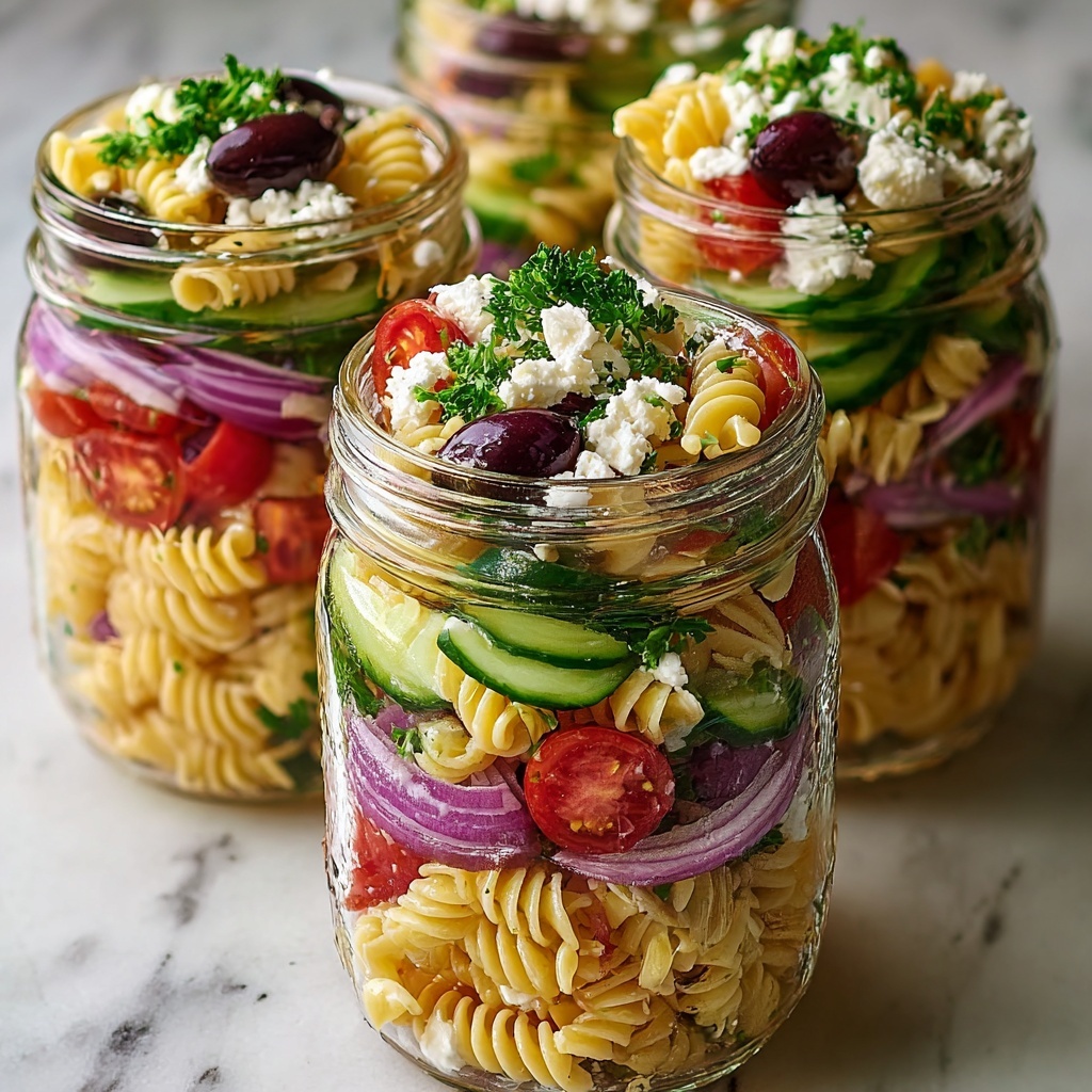 Pasta Salad in Mason Jars with Fresh Vegetables and Feta Recipe - Recipe Image