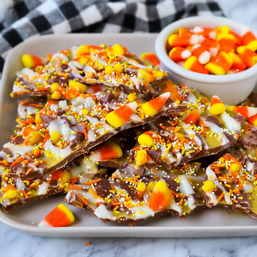 Autumn Pretzel Brittle with White Chocolate, Fall Sprinkles, and Candy Corn Recipe - Recipe Image