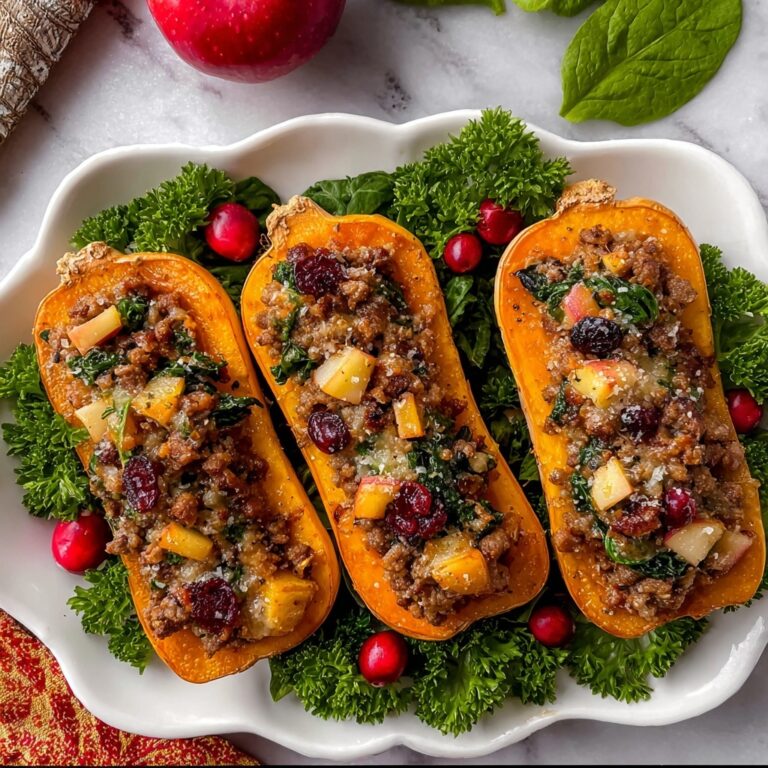 Stuffed Butternut Squash with Spicy Italian Sausage, Apples, Cranberries, and Pecans Recipe