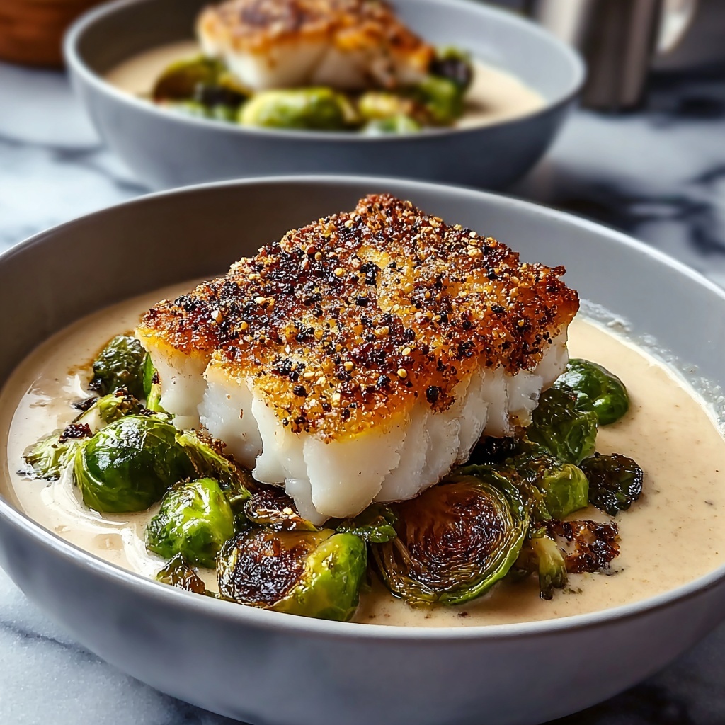 Lemon Garlic Butter Cod Bowls with Roasted Brussels Sprouts Recipe - Recipe Image
