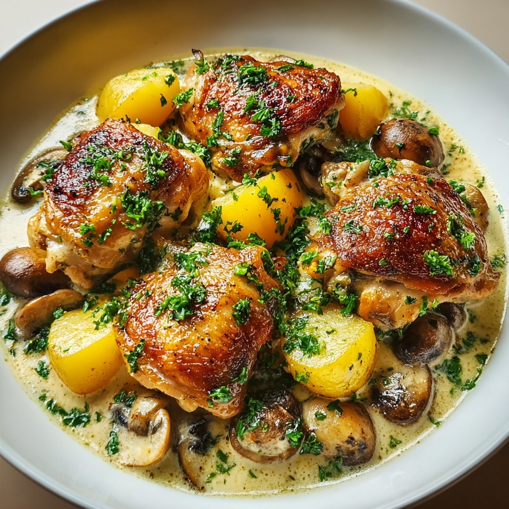Herb Roasted Chicken with Creamy Mushroom and Potatoes Recipe - Recipe Image