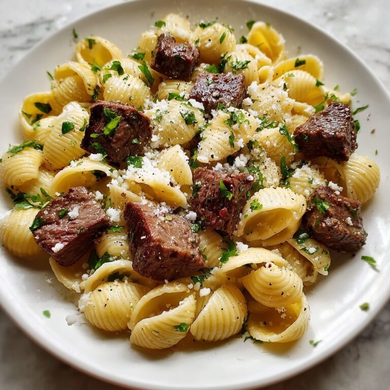 Steak Bites and Shell Pasta in Garlic Butter Alfredo Sauce Recipe