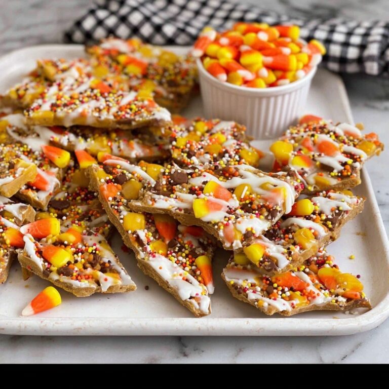 Autumn Pretzel Brittle with White Chocolate, Fall Sprinkles, and Candy Corn Recipe