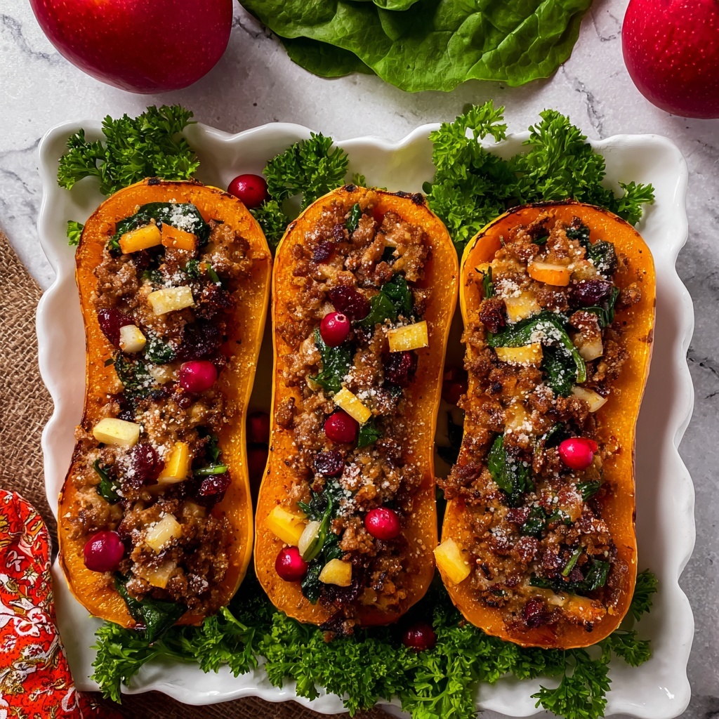 Stuffed Butternut Squash with Spicy Italian Sausage, Apples, Cranberries, and Pecans Recipe - Recipe Image