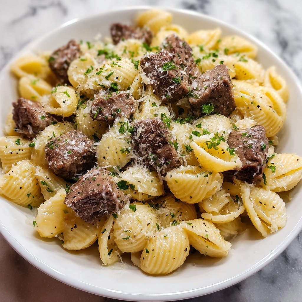 Steak Bites and Shell Pasta in Garlic Butter Alfredo Sauce Recipe - Recipe Image