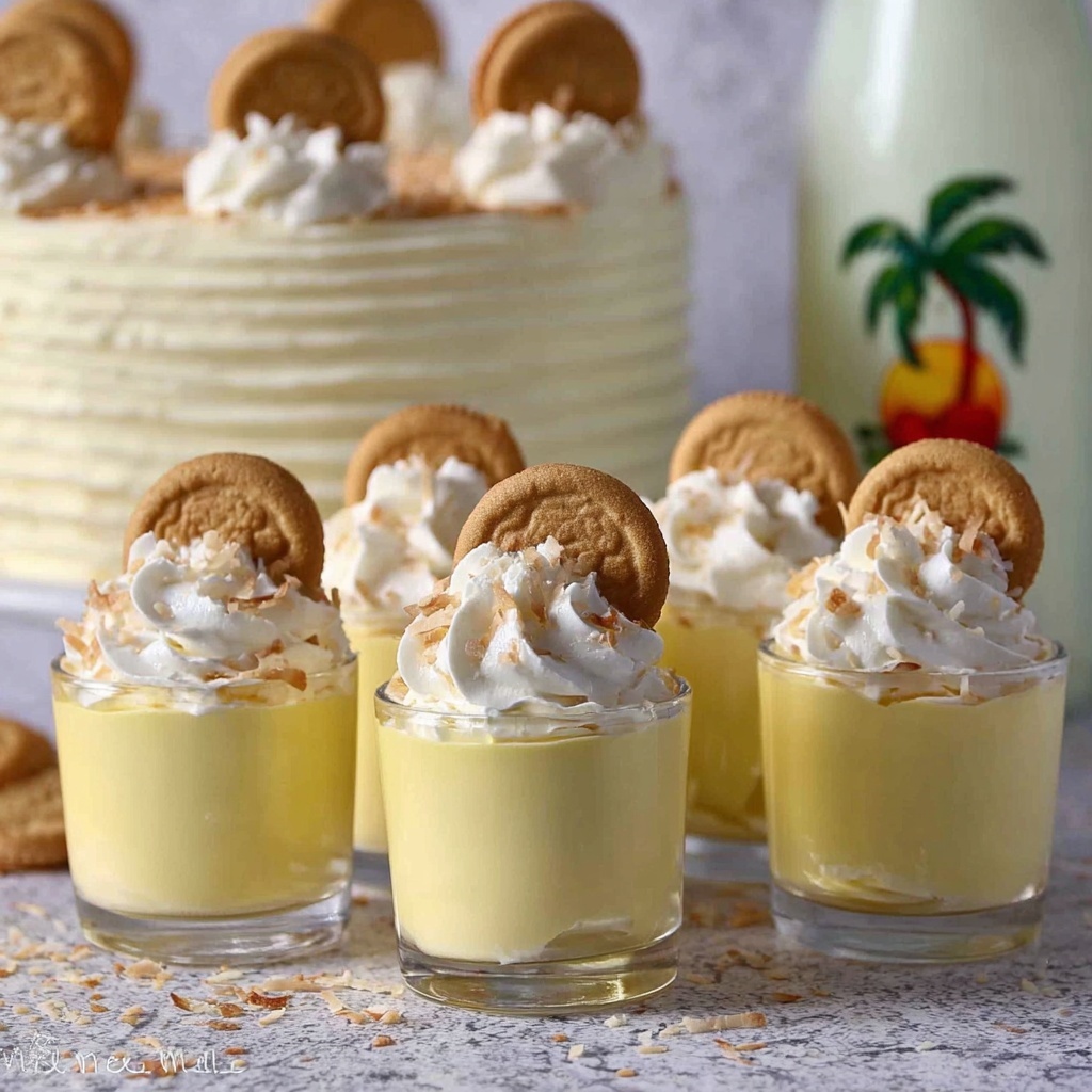 Creamy Banana Pudding Shots with Toasted Coconut & Mini Nilla Wafers Recipe - Recipe Image