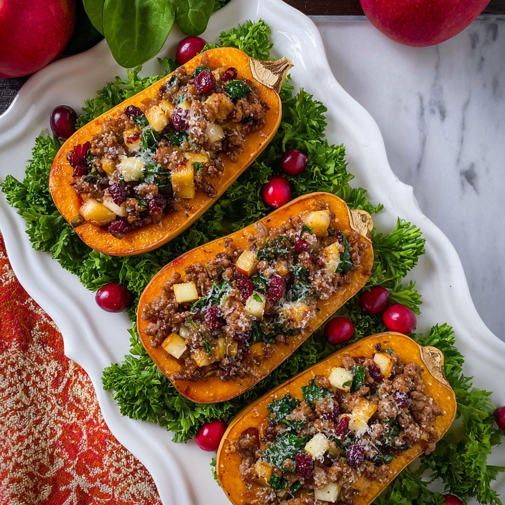 Stuffed Butternut Squash with Spicy Italian Sausage, Apples, Cranberries, and Pecans Recipe - Recipe Image