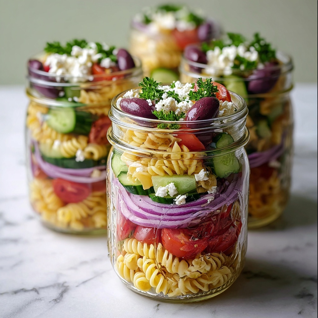 Pasta Salad in Mason Jars with Fresh Vegetables and Feta Recipe - Recipe Image